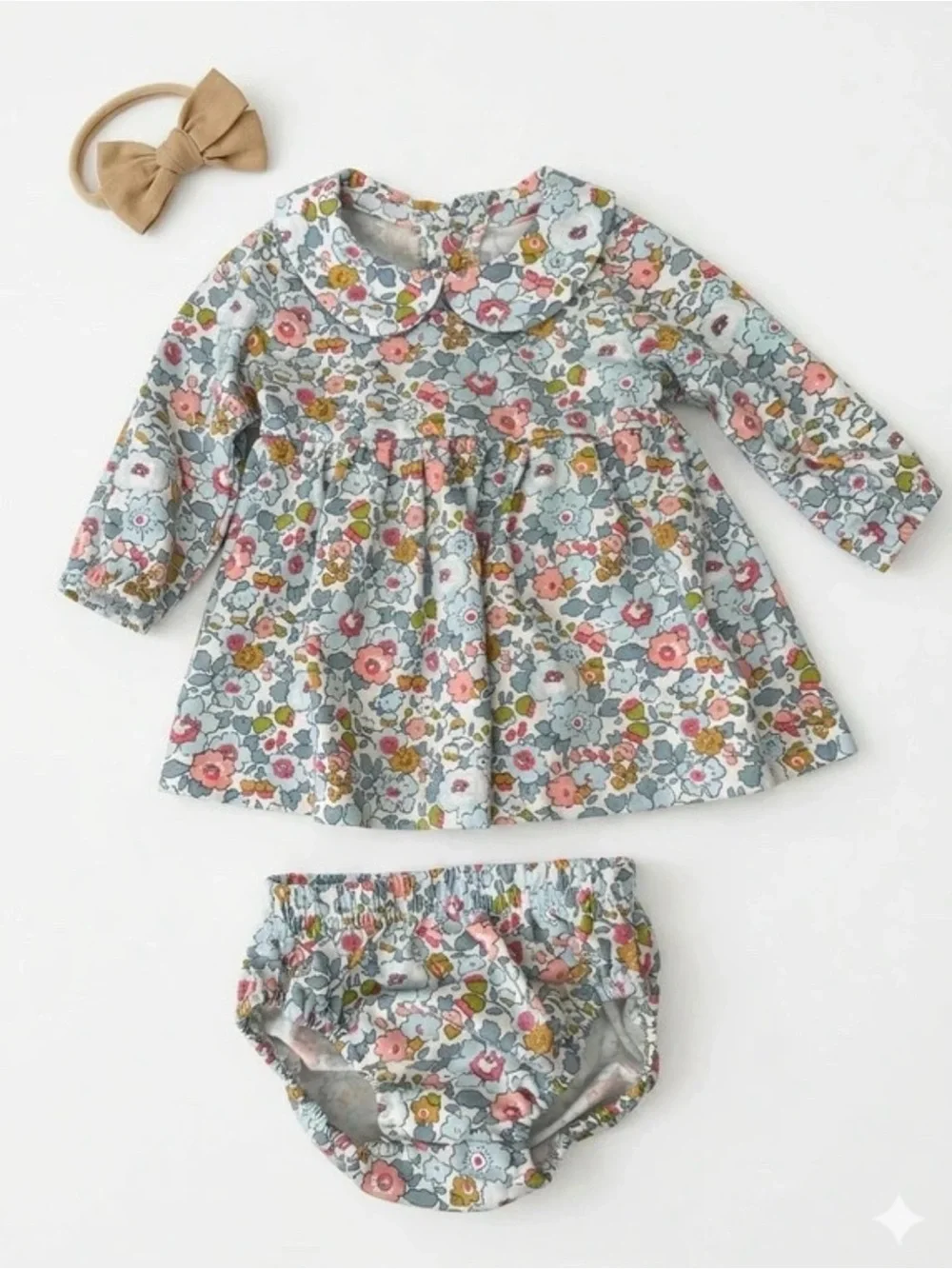 Baby Floral Dress and Bloomers Set in Light Blue